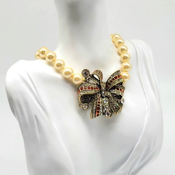 Heidi Daus Garnet and Diamond Swarovski Crystal Bow Necklace with Ivory Pearls - Picture 8 of 12